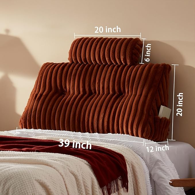 Faux Fur Headboard Pillow with 2 Pack Neck Roll Pillow Large Headboard Pillow Soft and Supportive with Removable Cover (Brown, Twin)