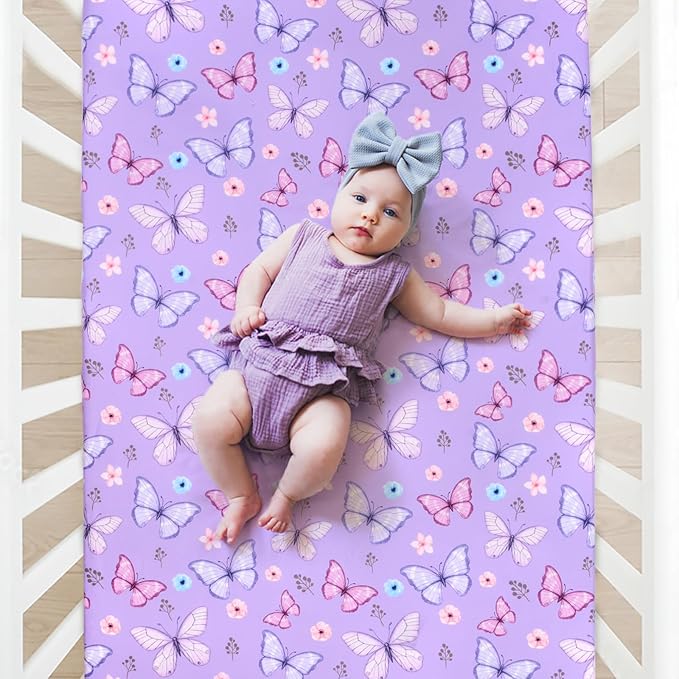 JISEN Baby Crib Sheets Soft Breathable Butterfly Fitted Crib Sheets Baby Sheet for Standard Crib and Toddler Mattress Baby Bed Sheets for Crib for Baby Boys Girls Neutral 52x28 Inch