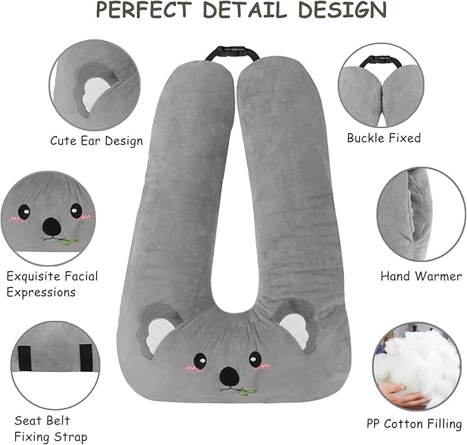 Kids Travel Pillow for Car Seat with Hand Muff, Cartoon Neck & Headrest Seat Belt Pillow for Car Road Trips Long-Distance Travel Sleeping Pillow for Adults and Children, Koala