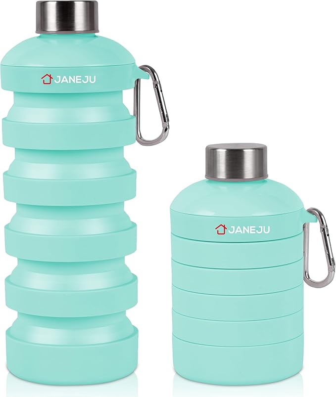 JaneJu Collapsible Water Bottle, 32oz BPA Free Silicone Reusable Portable Lightweight Foldable Water Bottles with Carabiner, Leak Proof Sports Water Bottle with Stainless Twist Cap (Green)