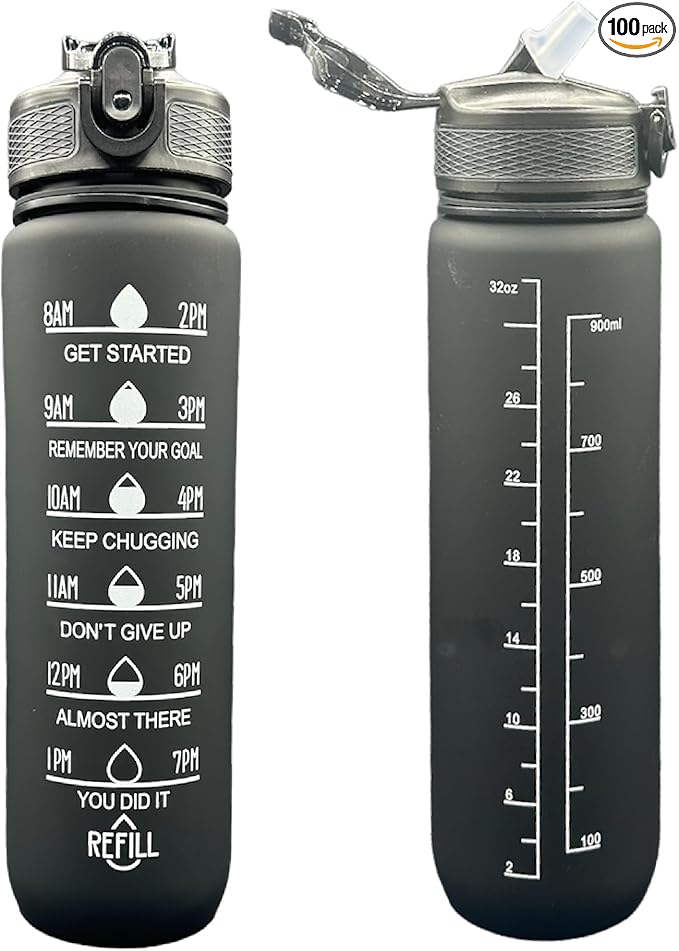 Yaa Fresh Water Bottles, 32oz Motivational Sports Water Bottle with Time Marker-Times to Drink-Tritan, BPA Free, Leakproof water bottle (1 Pack) (Black)