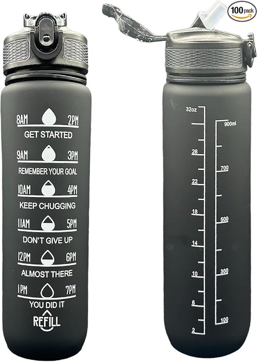 Yaa Fresh Water Bottles, 32oz Motivational Sports Water Bottle with Time Marker-Times to Drink-Tritan, BPA Free, Leakproof water bottle (1 Pack) (Black)
