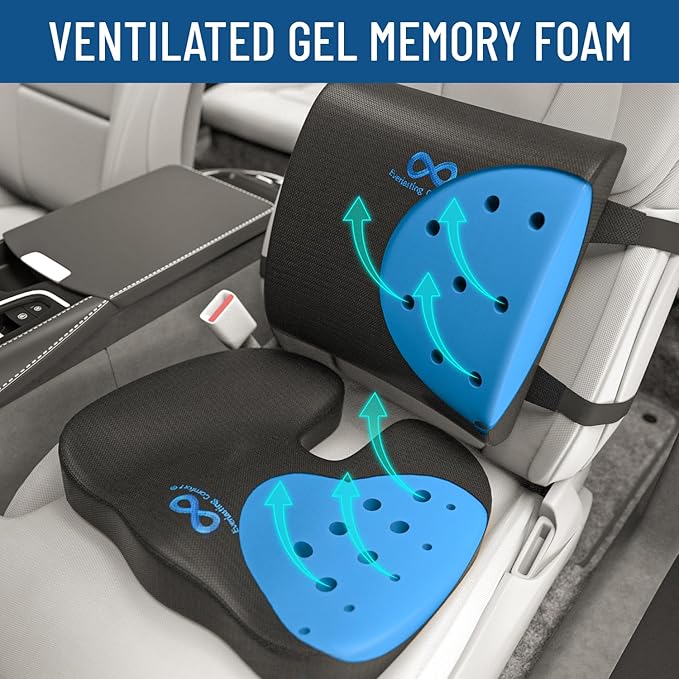 Everlasting Comfort Gel Infused Lumbar Support Pillow & Seat Cushion for Car Combo - Car Seat Cushions for Driving, Work - Ergonomically Designed to Target Sciatica Pain, Back Pain, Tailbone Pain