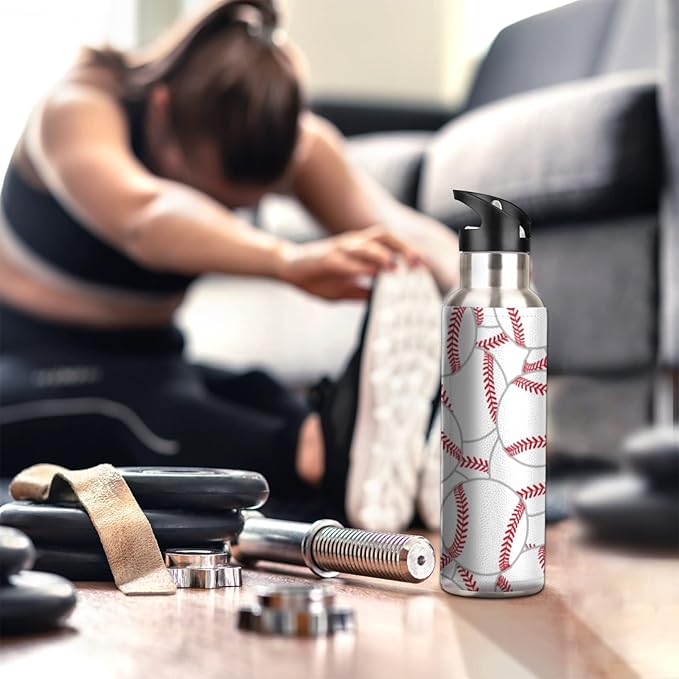 Stainless Steel Sports Water Bottle with Straw, 20 oz Vacuum Insulated Cup, Keeps Hot Cold Canteen Water Bottles For Cycling Travel Hiking (baseball)