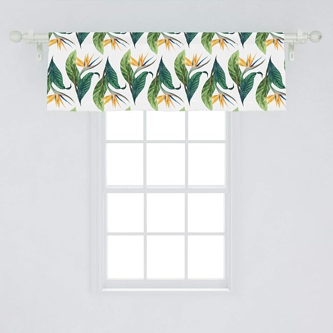 Ambesonne Exotic Window Valance, Macro Watercolor Painting of Bird of Paradise Flower and Leaves, Curtain Valance for Kitchen Bedroom Decor with Rod Pocket, 54" X 18", Green Yellow
