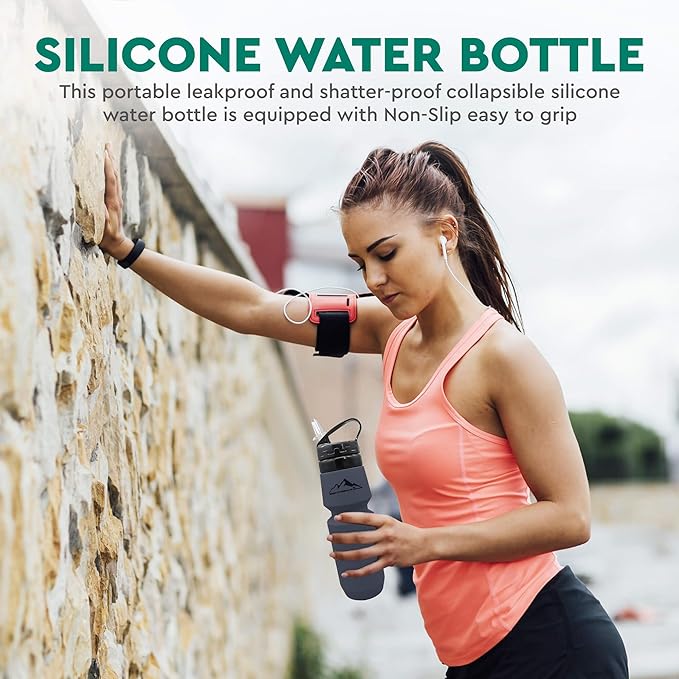 Collapsible Water Bottle (25Oz) - BPA Free Silicone Space Saving Collapse Water Bottle W/ Removable Straw | Temperature Resistant Collapsible Water Bottles For Travel And Rugged Outdoor Activities