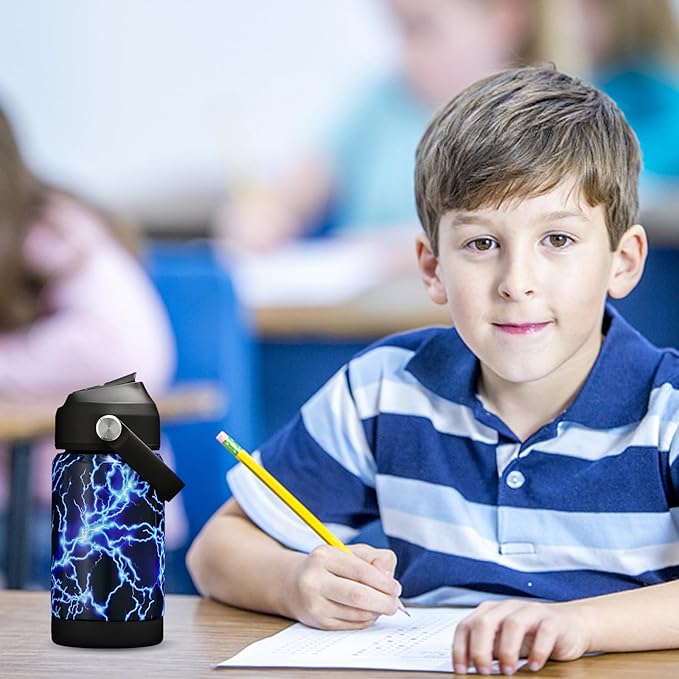 Kids Insulated Water Bottle with Straw,12oz Toddler Cups with Stainless Steel Leak Proof for School Boys Girls（Lightning）