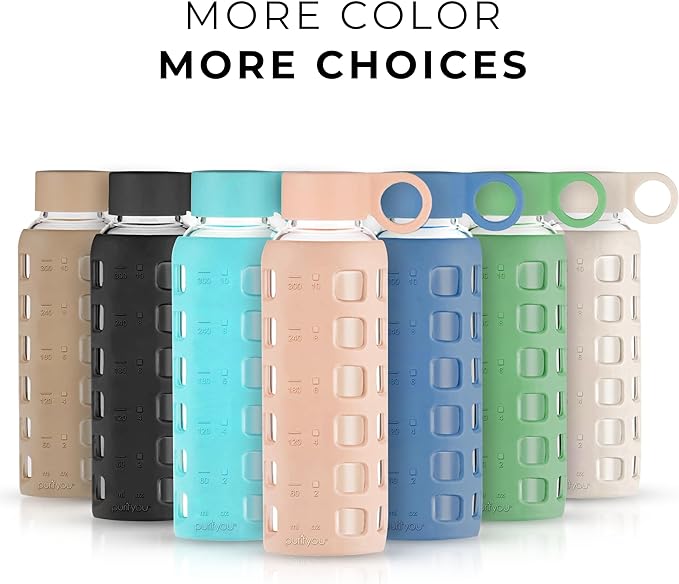 purifyou Premium 40/32 / 22/12 oz Glass Water Bottles with Volume & Times to Drink, Silicone Sleeve & Stainless Steel Lid Insert, Reusable Bottle for Fridge Water, Milk, Juice (12oz Hazelnut)