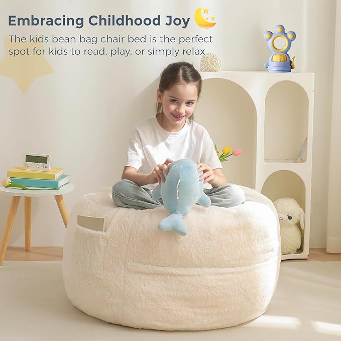 MAXYOYO Bean Bag Chair Bed for Kids, Convertible Bean Bag Folds from Lazy Chair to Floor Mattress Bed, Stuffed Floor Sofa Couch Sofa Bed for Boys and Girls, High-Density Foam Filling, Beige