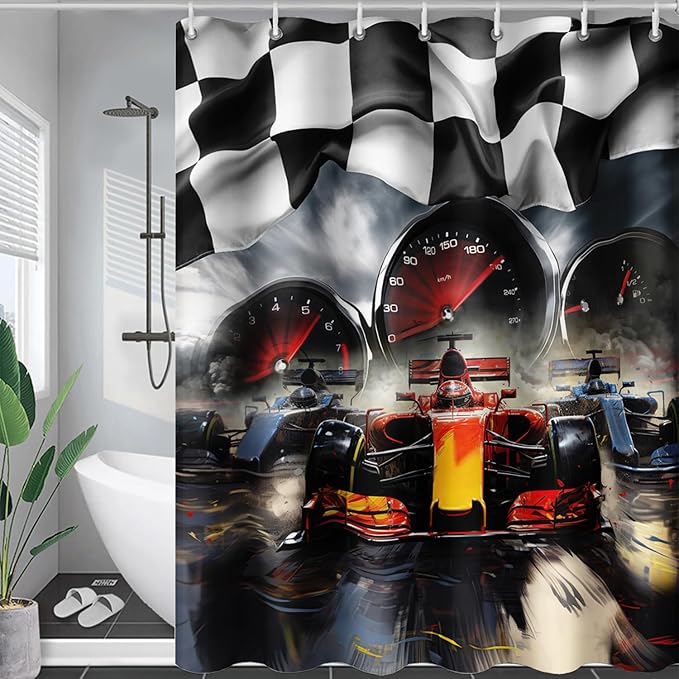 AILONEN Racing Car Shower Curtains,Checkered Speed Car Bath Curtains Gifts for Racer,Polyester Waterproof for Bathroom with 12 Plastic Hooks 72" W*72" H
