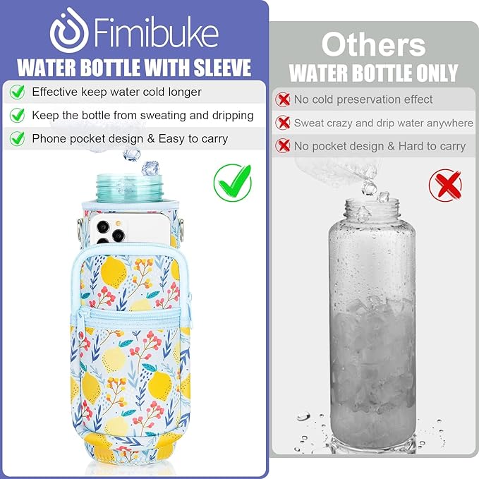 Fimibuke 32 oz Water Bottle with Sleeve - BPA Free Leakproof Sport Large 1L Plastic Motivational Water Bottle with Straw Strap & Insulated Neoprene Holder Carrier Bag Great Xmas Gift for Women Men