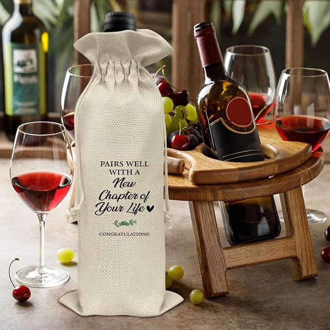 HOIJAUMAI New Chapter Wine Bag, New Job Gift for Women Men, Going Away Gifts for Coworker Colleague Friends, Pairs Well with a New Chapter of Your Life Burlap Drawstring Wine Bag