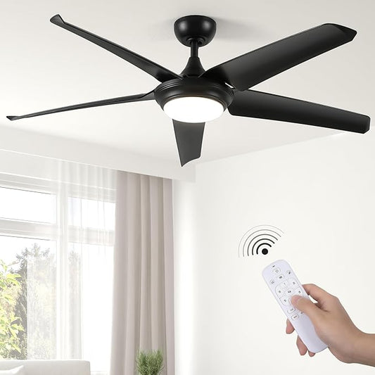 DWVO 56" Ceiling Fan with Light and Remote, Indoor Ceiling Fan Reversible Light Fixtures, 5 Blade Ceiling Fan with Memory 3 Color Temperature, 6 Speed Quiet DC Motor for Bedroom Living Room, Black