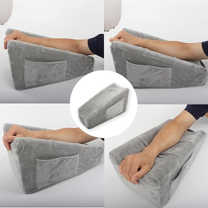 Sexysamba Arm Pillow Arm Elevation Pillow with 5 Pockets for Post Surgery Support Pillow for Elbow Arm Rest Wedge Pillow Shoulder Surgery Pillow with Removable Non-Slip Bottom Pillow Case - Grey