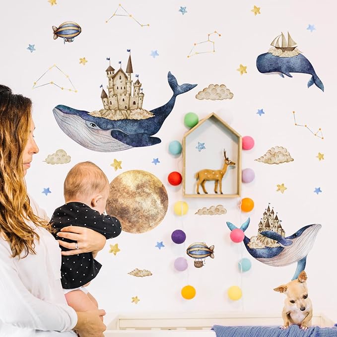 Ocean & Space Whale Wall Sticker - Colorful Watercolor Art, Easy to Apply