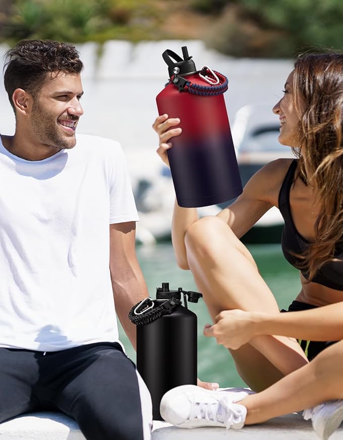 Gallon Water Bottle Insulated 128oz - Stainless Steel Water Bottles Keep Cold 48H, Fitness Sports Water Bottle with Straw & Spout Lid, Paracord Handle, Carrier Bag with Strap,Black 128 OZ Jug