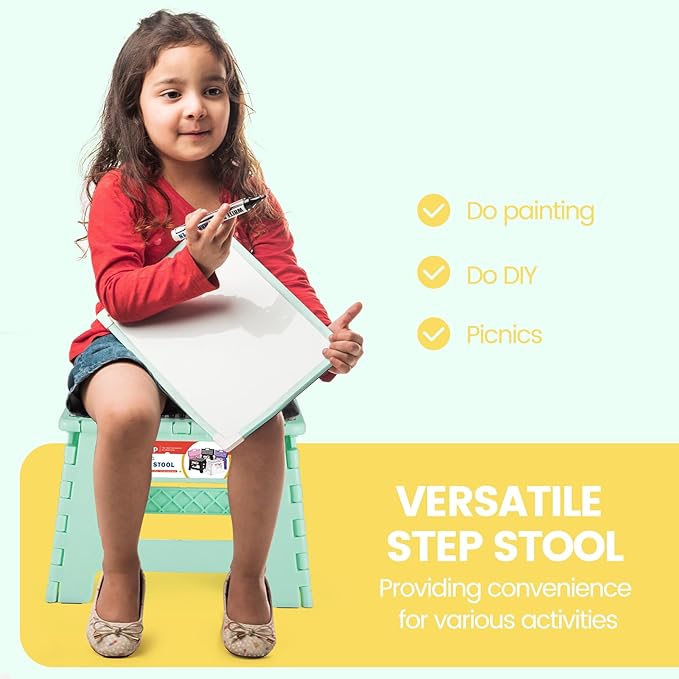 ACSTEP 9 Inch Folding Step Stool 300 LB Capacity Non Slip Foot Stool with Handle Plastic Foldable Step Stools for Kids Stepping Stool for Bathroom Black Small Step Stool (1 PC Teal)