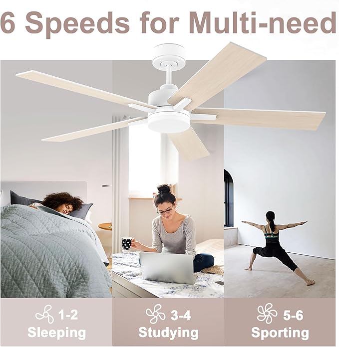 52” Smart Ceiling Fan with Lights Remote,Voice Control via Alexa Google WIFI App,Ultra Quiet DC Motor,Outdoor Indoor Modern Ceiling Fans,6-Speed for Bedroom Patio Porch,White and Wood Color