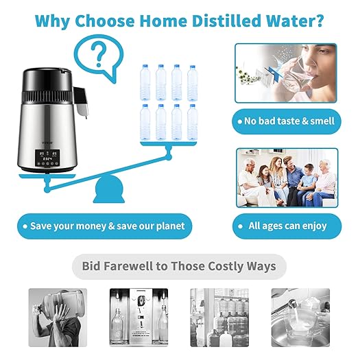 VEVOR Water Distiller, 304 Stainless Steel Countertop Water Stiller, 0.3Gal/H, 0-99H Timing Dual Temp Display, 1.1Gal Distilled Water Maker Machine, Glass Carafe, 3 Carbon Bags, Citric Acid Powder