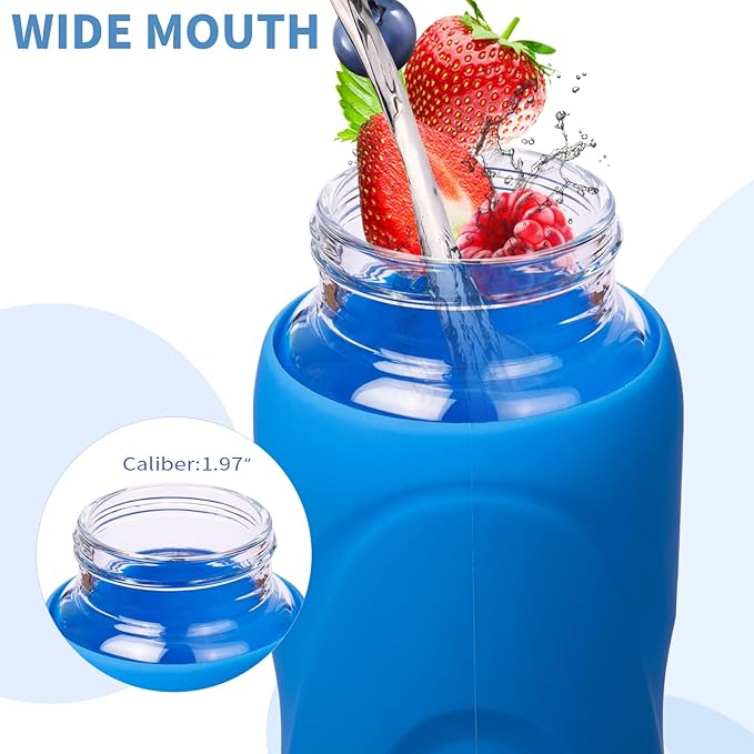 32 oz Sports Glass Water Bottle with Straw & Silicone Sleeve Reusable BPA-free Borosilicate Glass Drinking Bottle with Flip Top Lid & Handle Wide Mouth (Dark Blue)