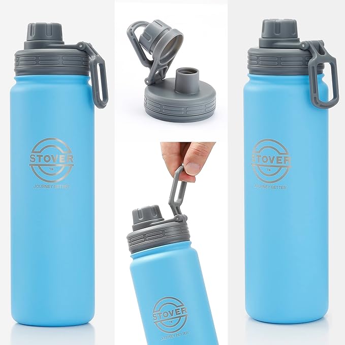 STOVER 25oz Insulated Water Bottle, Wide Mouth Double-Walled Stainless Steel- Vacuum Sealed, Leakproof, Durable, Slim Design Fits in Cup Holder- Flip Top Lid/Spout for Travel- Women/Men (Light Blue)