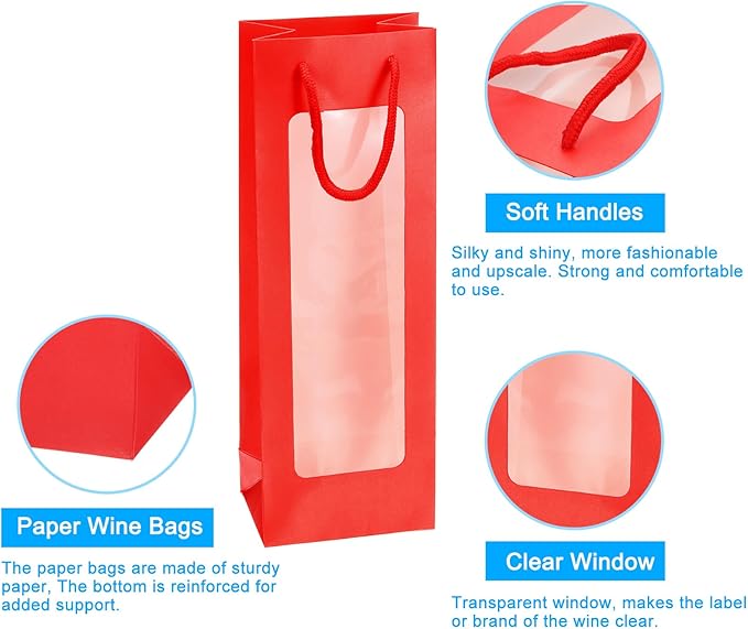 uxcell Wine Bags, 12pcs 4.92"x3.35"x14.2" Wine Gift Bags with Rope Handles, Paper Wine Tote Bag with Clear Window for Wedding Birthday Christmas Party Supplies, Red