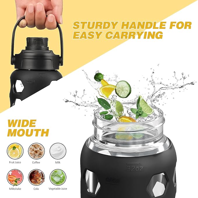 MUKOKO Glass Water Bottles, 32oz Glass Tumbler with Straw, Drinking Bottles with 2 Lids-Handle Spout Lid&Bamboo Straw Lid, Motivational Water Bottle with Time Marker and Silicone Sleeve, 1 Pack-Black
