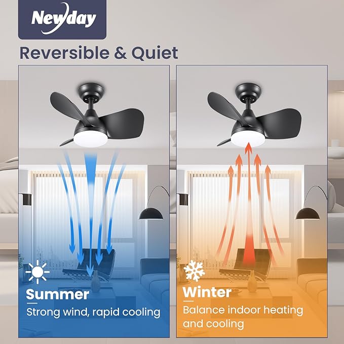 Newday Ceiling Fan with Lights Remote Control, 22 inch Quiet DC Motor Small Ceiling Fans, Dimmable Ceiling Fan for Bedroom, Kids Room, Kitchen (Black)