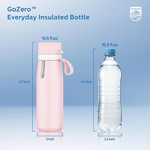 PHILIPS Filtered Water Bottle, Insulated Stainless Steel Water Purifier Bottle for Daily Life & Travel, BPA Free with GoZero Everyday Filter for Cleaner Tastier Tap Water, Keeps Cold, 18.6 oz Pink
