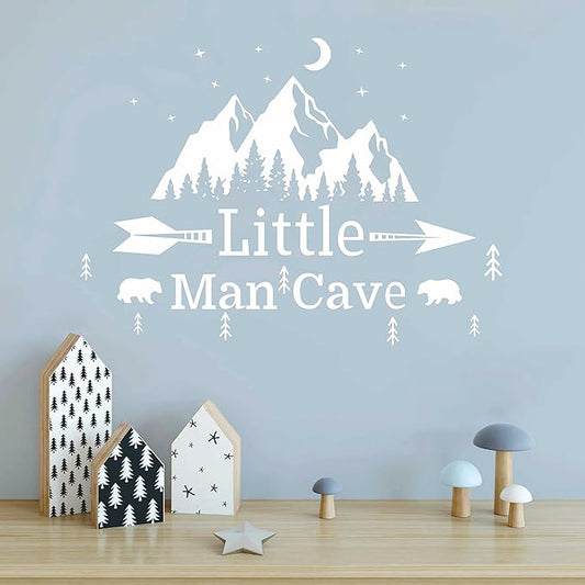 Little Man Cave Mountains Vinyl Decals, Landscape with Animals Stickers, Mountain Moon Stars Decal for Nursery Room,Kids Décor A9 (White)