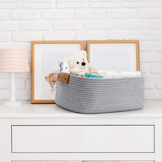 CHICVITA Rectangle Cotton Rope Woven Basket with Handles for Books, Magazines, Toys - Decorative Rectangle Basket for Baby Nursery, Living Room, Bathroom, Grey