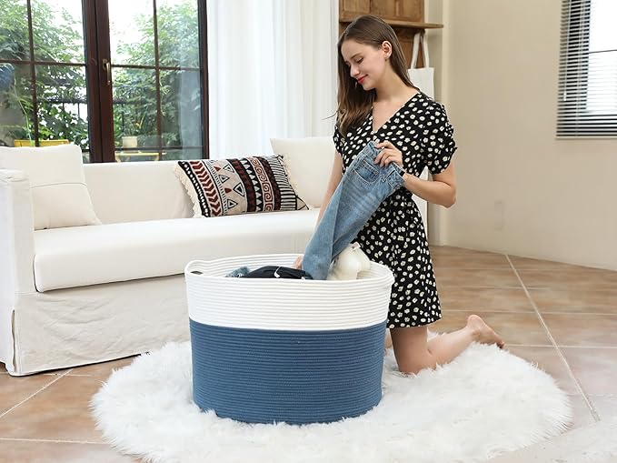 24" x 24" x 17" Max Size Large Cotton Rope Basket, Extra Large Storage Basket, Woven Laundry Hamper, Cloth Storage Bin, for Blankets Clothes Towels Pillows in Living Room, Dark Blue