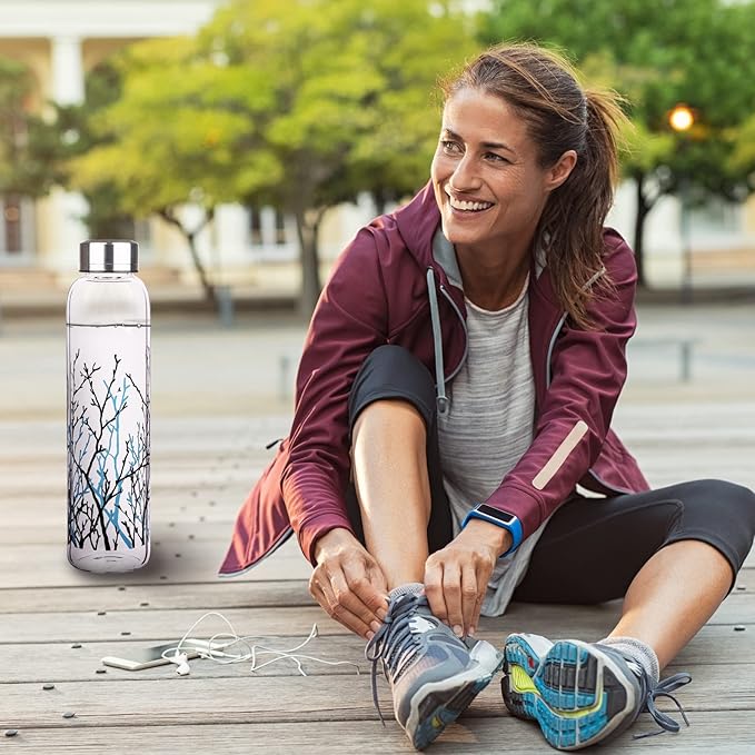 Borosilicate Glass Water Bottle, Sports Glass Drinking Bottle with Neoprene Sleeve and Stainless Steel Lid 16oz / 32oz (32oz, Tree Branche)