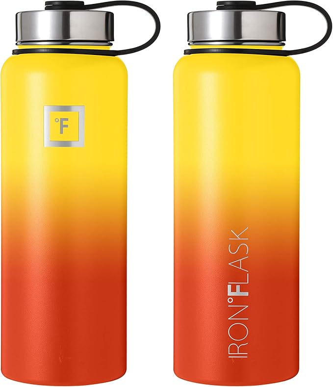 IRON °FLASK Camping & Hiking Hydration Flask, Wide Mouth, 3 Straw Lids, Stainless Steel Outdoor Water Bottle, Double Walled, Insulated Thermos, Metal Canteen - Fire, 40 Oz