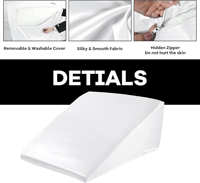 HOMBYS Satin Bed Wedge Pillow Cover Silky & Smooth Wedge Pillowcase 1 Pack 24x24x7.5, Soft & Breathable, Removable & Machine Washable-Zipper Design (Pillow Not Include),White