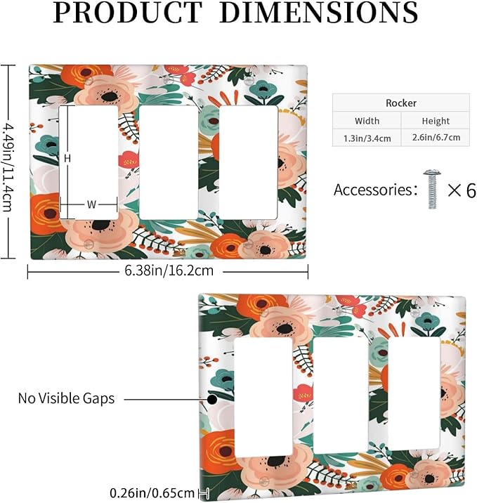 Rustic Floral Boho Colorful Flower 3 Gang Rocker Light Switch Covers Triple Outlet Wall Plate Decorative Switchplate Cover Faceplate GFCI for Farmhouse Bathroom Bedroom Kitchen Decor