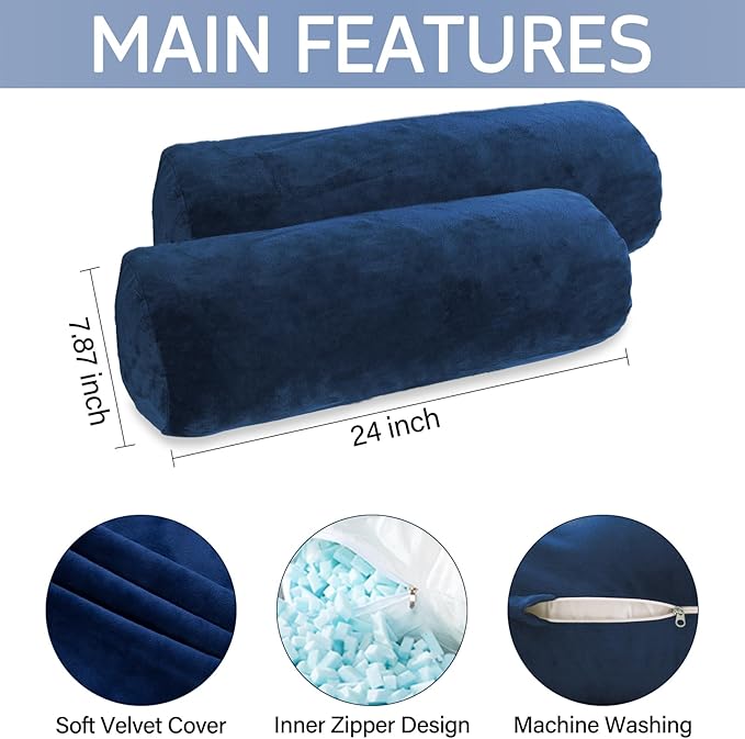 Body Pillow, Memory Foam Body Pillows for Adults Sleeping, Decorative Bolster Pillow for Bed & Couch, Long Cylinder Tube Round Pillow, 24x7.87 Inches, Set of 2 (Navy Blue)