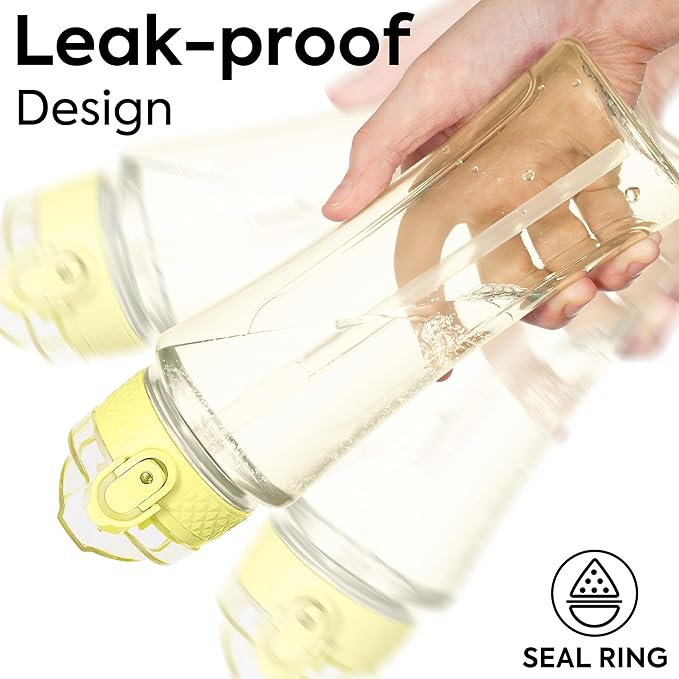 OLDLEY Kids Water Bottle with Straw 15 oz BPA-Free Leak-Proof Motivational Water Bottles with Time Marker for School Sports Travel Gym, Easy to Use for Girls Goys, 1 Straw Lid, Transparent-yellow