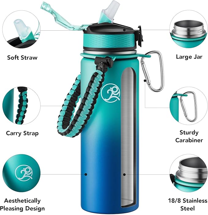 GOSWAG Insulated Sports Water Bottle, 24oz 2 Lids(with Straw/No Straw), Stainless Steel Water Bottles with Paracord Handle, Insulated Thermos with Double-Wall Vacuum Insulation