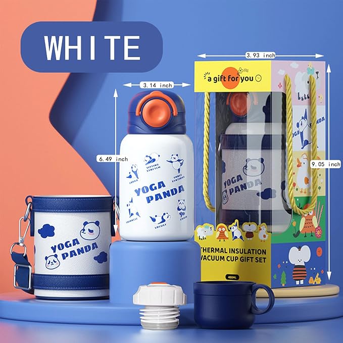 Cute Water Bottle with 3 Lids, BPA-Free Reusable Insulated Water Bottle with Adjustable Strap and Straw for Travel Sports Camping and Kids Gifts (WHITE)