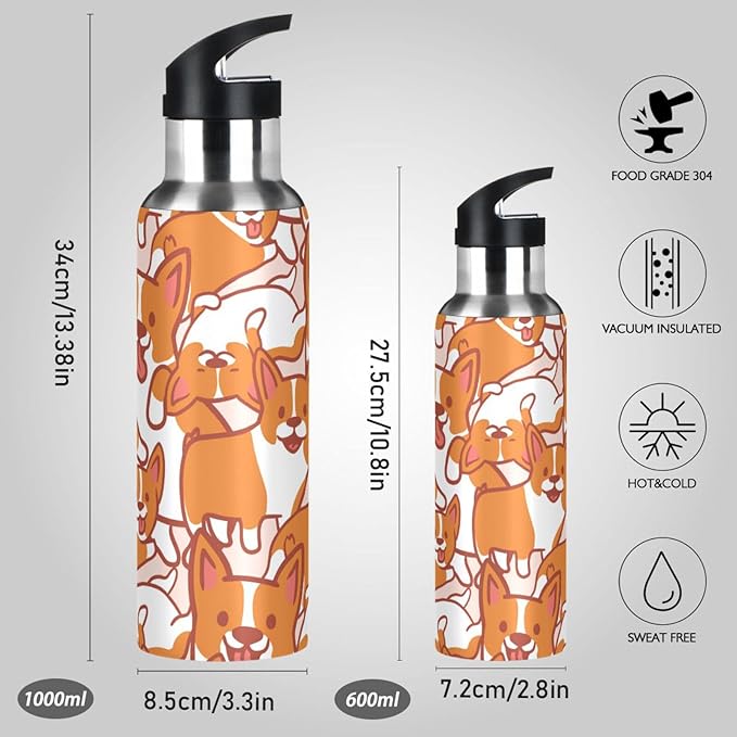 Cute Puppy Corgi Sports Water Bottle, Double Wall Vacuum Insulated Stainless Steel Water Bottle with Straw Keeps Hot and Cold, Bike Running Sports Travel Gym 20oz