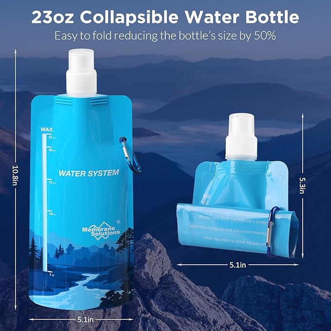 Membrane Solutions 23oz Collapsible Water Bottle for Water Filter Straw, Reusable Water Pouch with Carabiner and Measurement, Foldable Water Container Bag for Hiking Camping Travel Emergency