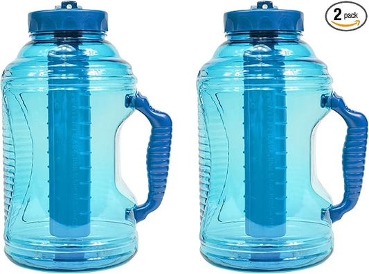 COOL GEAR 2-Pack 80 oz Big Freeze Sports Water Bottle with Freezer Stick and Handle | Hydrating Colored Water Bottle - Blue