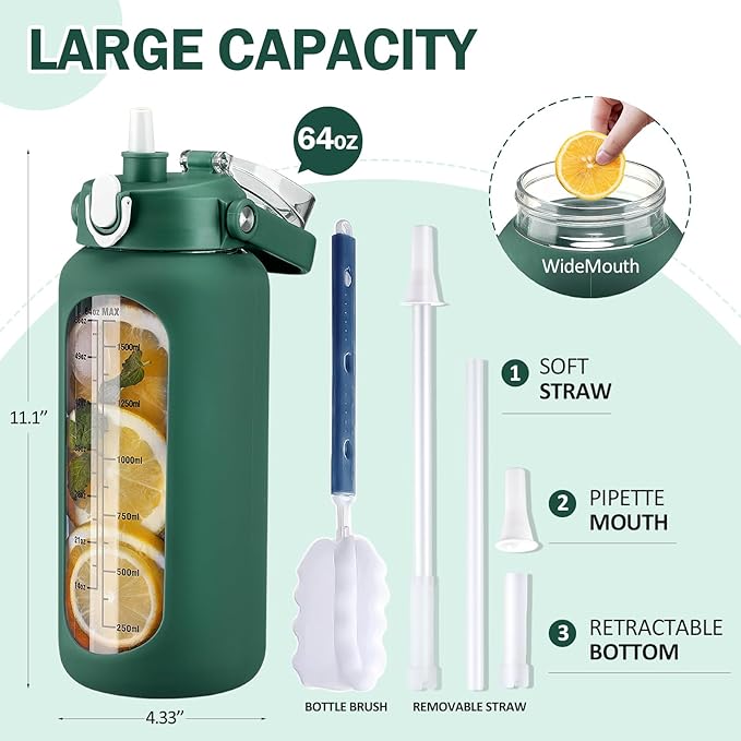 kytffu 64oz Glass Water Bottles with Straw, Half Gallon Motivational Glass Bottle with Silicone Sleeve and Time Marker, 2L Leakproof Large Glass Water Jug for Gym Home Office, Ink Green