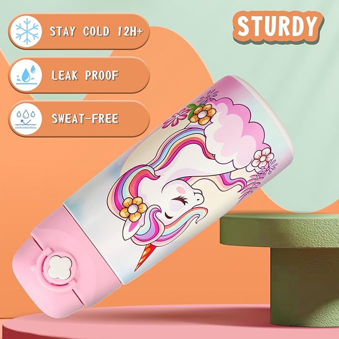 Kids Insulated Water Bottle with Covered Pop-Up Straw,16oz Toddler Cups with Stainless Steel Leak Proof for School Boys Girls Pink（1-Unicorn）