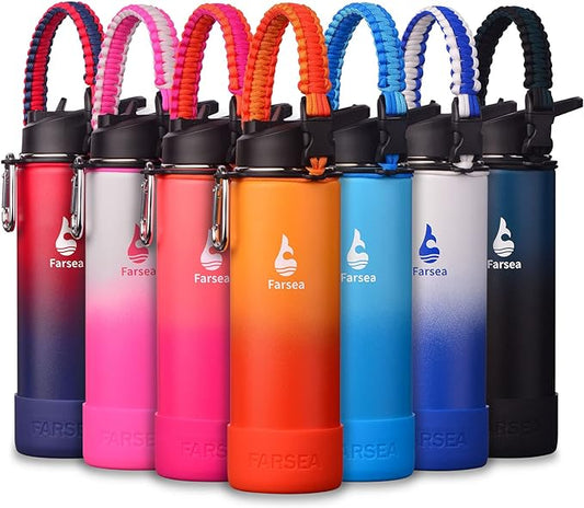 Farsea Insulated Water Bottle With Paracord Handle, Protective Silicone Boot and 2 Lids (Straw Lid & Spout Lid), Stainless Steel Water Bottle Wide Mouth, Double Wall Sweat-Proof BPA-Free, 24 oz