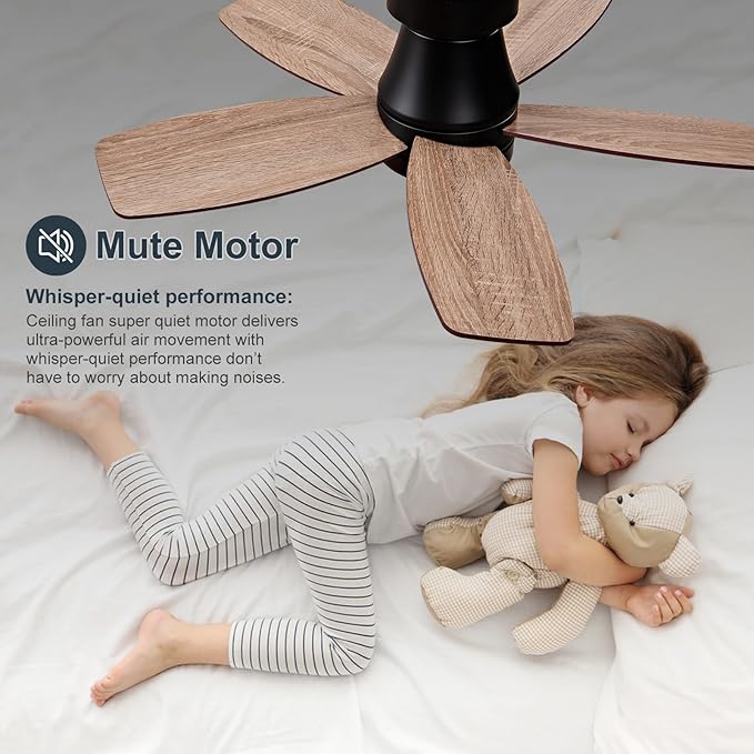 30 inch Ceiling Fans with Lights and Remote,Flush Mount Black Ceiling Fan,Memory Fuction Reversible Quiet DC Motor Low Profile Ceiling Fans For Living Room Bedroom Indoor Outdoor(Black Walnut)