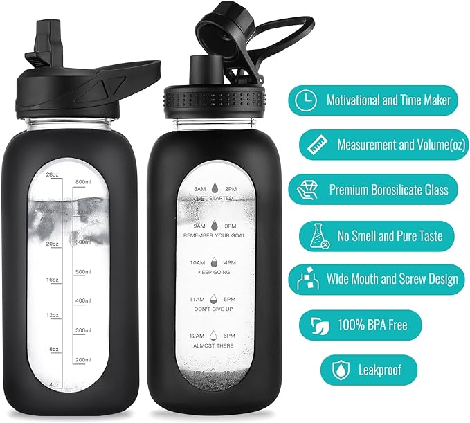 32 oz Glass Water Bottle with Straw and Handle, Sports Motivational Water Flask with Silicone Sleeve, Large Leakproof Water Flask Cup with Time Marker for Travel, Gym, Cream