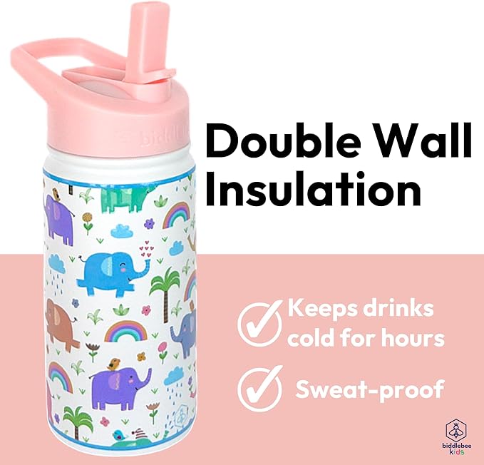 Biddlebee Kids Water Bottle with Straw Lid | 14oz Insulated Stainless Steel Reusable Bottles for School | Leak Proof Cap with Handle & Touch Free Spout | Great for Boys & Girls (Elephants)