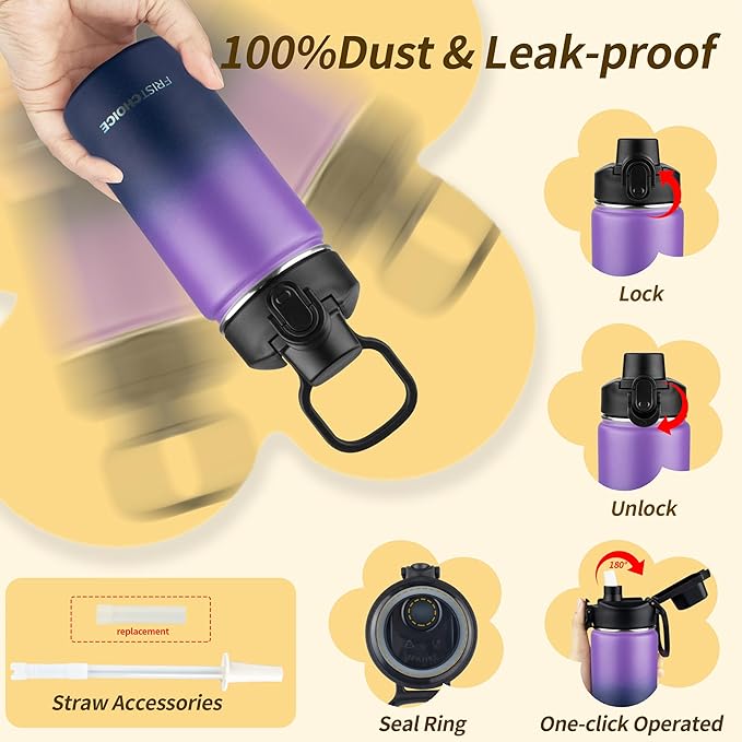 Kids Insulated Water Bottle with Straw,14oz Stainless Steel Water Bottle,BPA-free and Leak-proof,Double Wall Vacuum Water Flask for School,Gifts for Boys and Girls（14oz,Purple Navy blue）